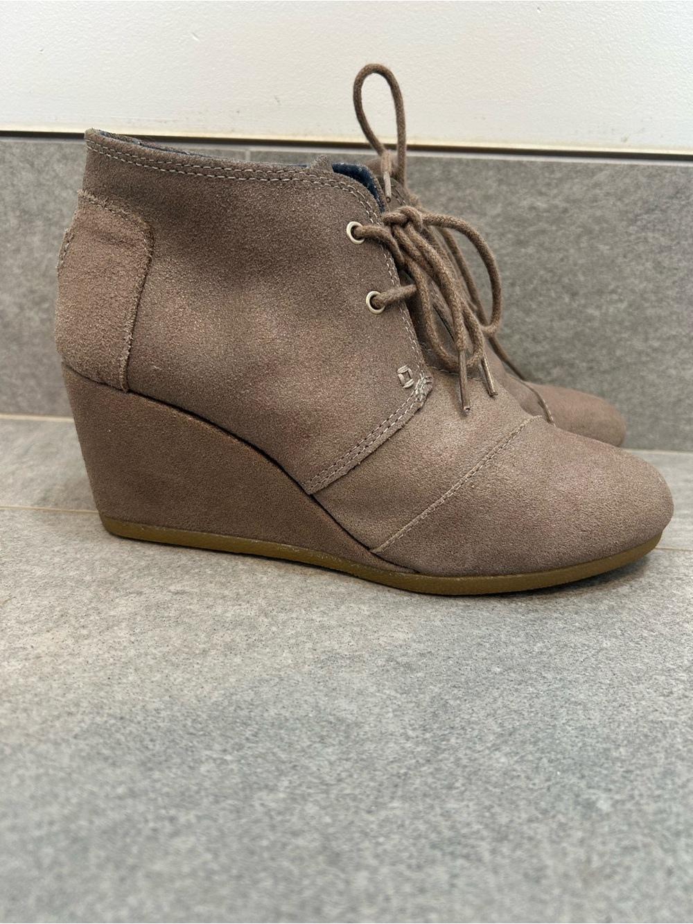 Toms Taupe Suede Lace-Up Wedge Booties